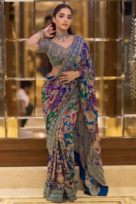 Multicolor Crepe Printed Designer Saree with Embroidered Readymade Blouse