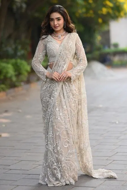 Beige Net Ready To Wear Saree with Embroidered Full Sleeve Blouse