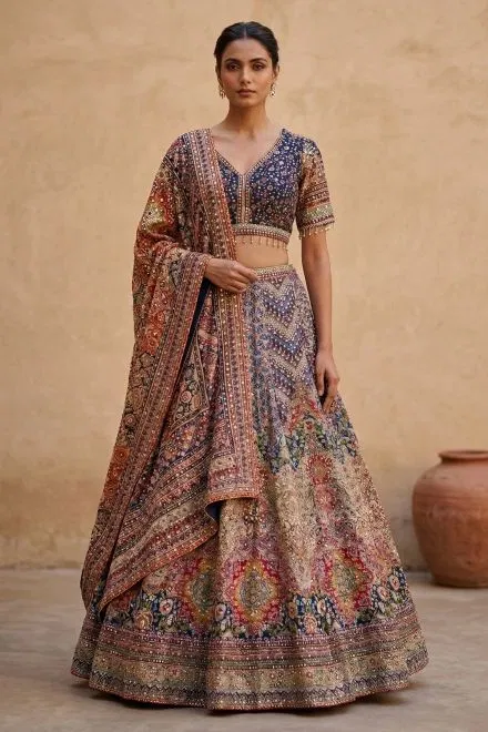 Blue Printed Georgette Bridesmaids Lehenga with Embroidered Half Sleeve Blouse
