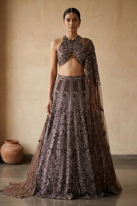 Brown Sequins Embroidered Net Designer Lehenga with Halter Neck Blouse