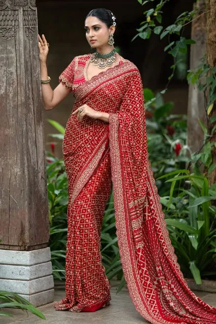 Crimson Red Printed Crepe Designer Saree with Embroidered Leaf Neck Blouse