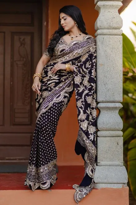 Black Sequins Embroidered Crepe Saree with Readymade Blouse
