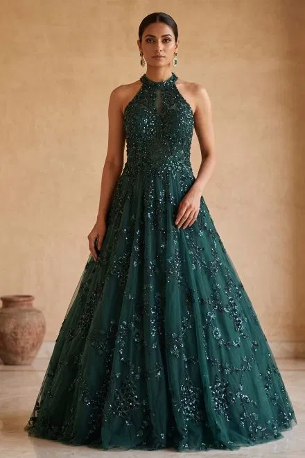 Green Sequins Embroidered Net Ball Gown with Halter Neck