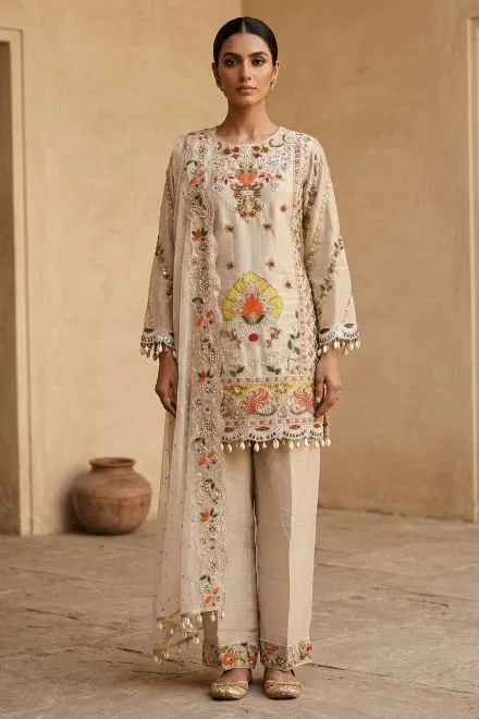 Ivory Resham Embroidered Tissue Palazzo Suit