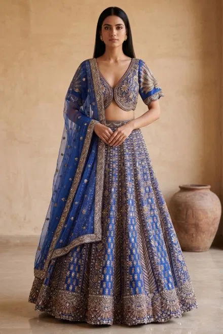Blue Silk Bridesmaids Lehenga with Embroidered Half Sleeve Blouse