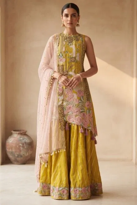 Yellow Resham Embroidered Asymmetric Silk Palazzo Suit