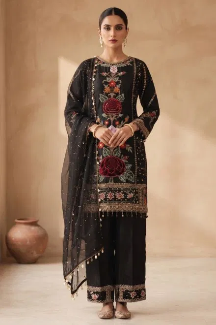 Black Resham Embroidered Silk Palazzo Suit with Bell Sleeves