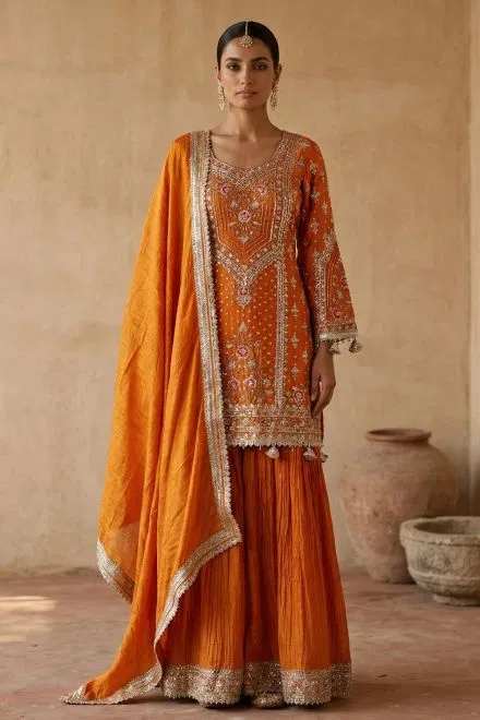 Orange Cutdana Embroidered Tissue Sharara Suit
