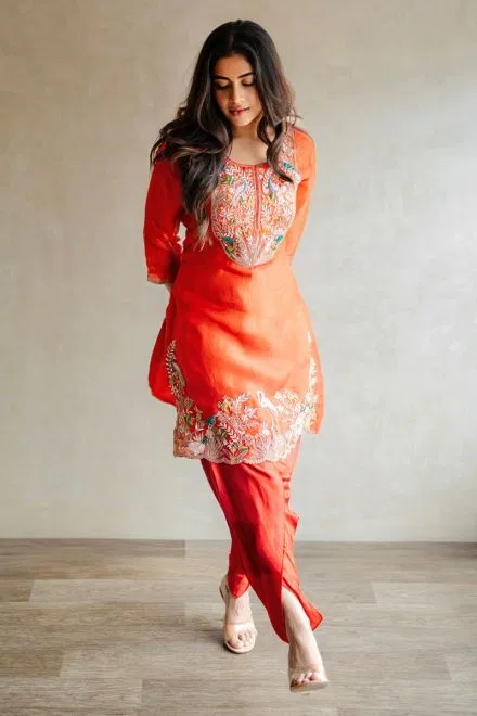 Orange Organza Designer Salwar with Resham Embroidery