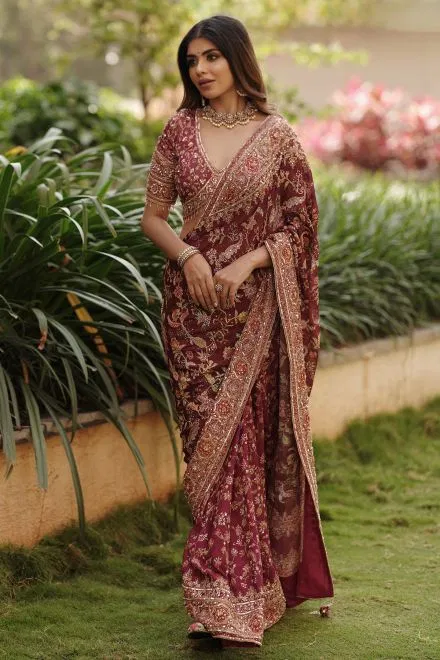 Wine Pink Crepe Designer Saree with Embroidered Blouse