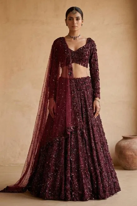 Wine Purple Net Reception Lehenga with Embroidered Full Sleeve Blouse